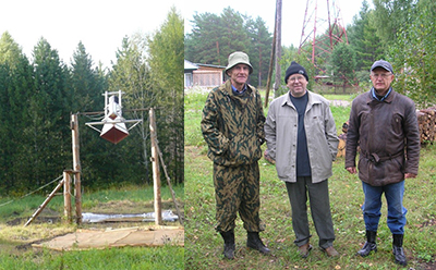 Радиометрическая установка на частоты 1,4 и 6,9 ГГц на полигоне "Погорельский бор"  под Красноярском  (2007 г.). Слева направо: П.П. Бобров – ОмГПУ, Д.П. Скулачев – н. с. Ин-ститута космических исследований РАН, В.Л. Миронов – чл.-корр. РАН, зав. лаб. Института физики СО РАН